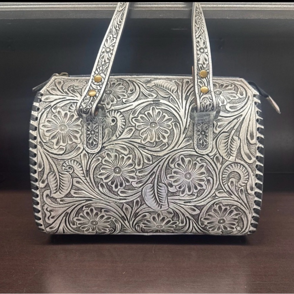 Silver (Medium) Speedy Western Linen Genuine Leather Handmade Tote-New